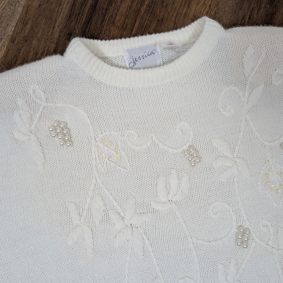 90s Knit Sweater Embroidered Sequins Embellished Crewneck Long Sleeve - Picture 6 of 9